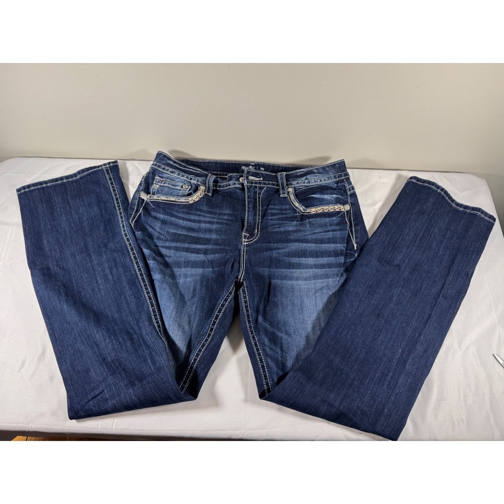 Miss Me Mid-Rise Bootcut Jeans Dark Wash Embellished Size 31 x34 Inseam 34